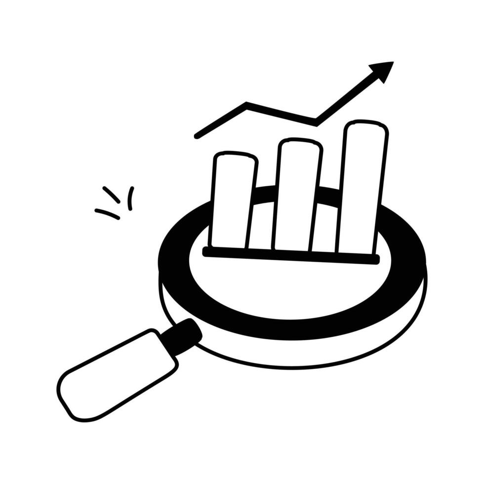 A magnifying glass focusing on a bar graph with an upward trend, concept icon of data analysis vector