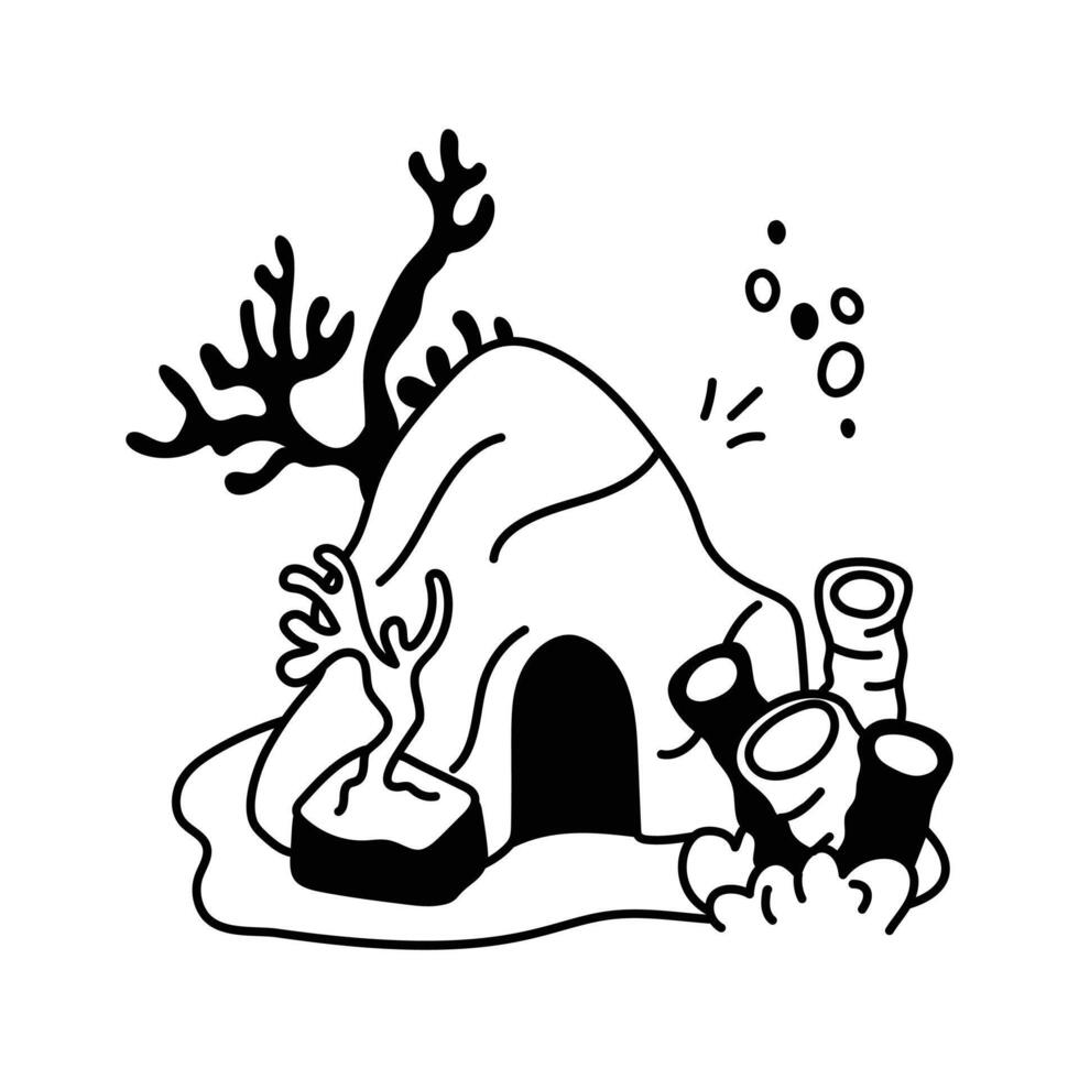 An underwater cave surrounded by corals, sea plants, and bubbles vector