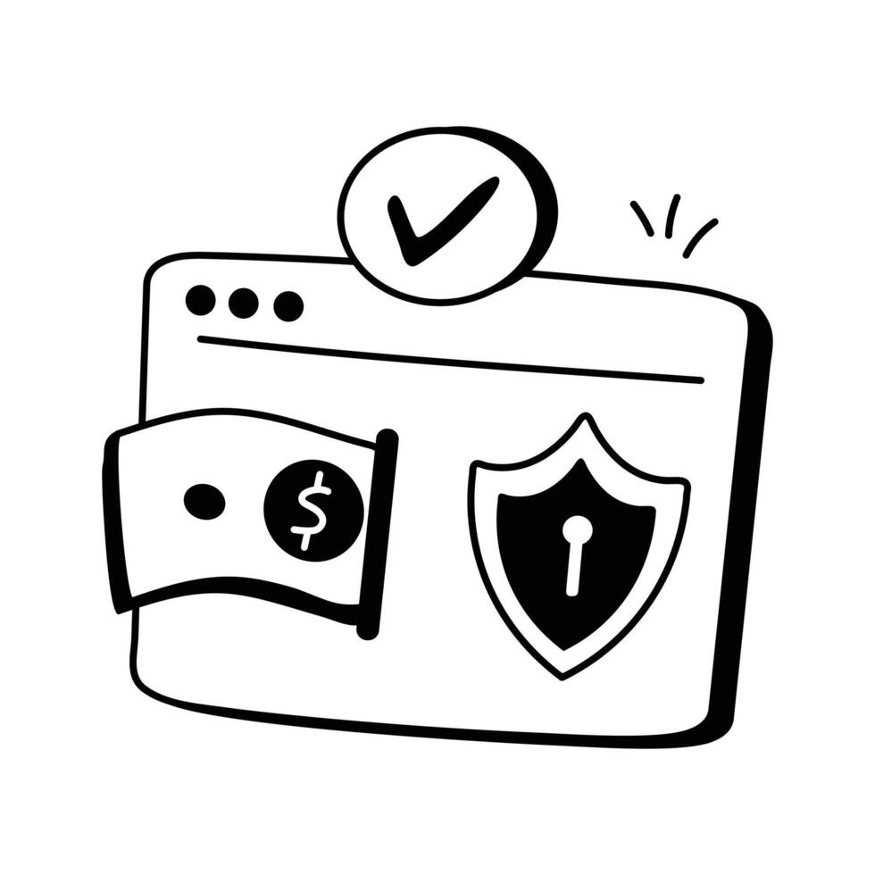 A simple, black and white icon depicting a secure online payment process vector