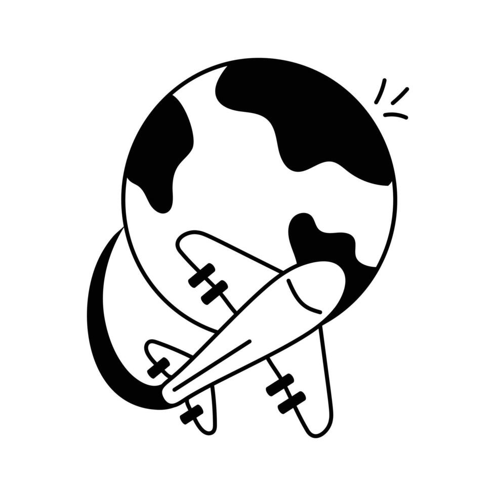 An airplane circling a globe, conveying the concept of worldwide delivery vector