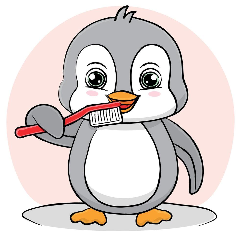 Cartoon character Penguin brushing teeth with toothbrush vector
