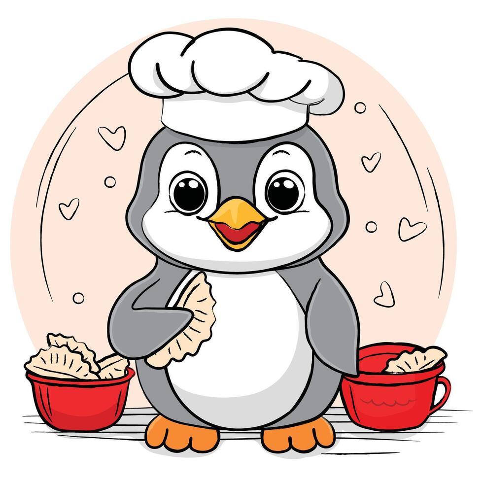 Cartoon character Penguin Chef makes dumplings vector