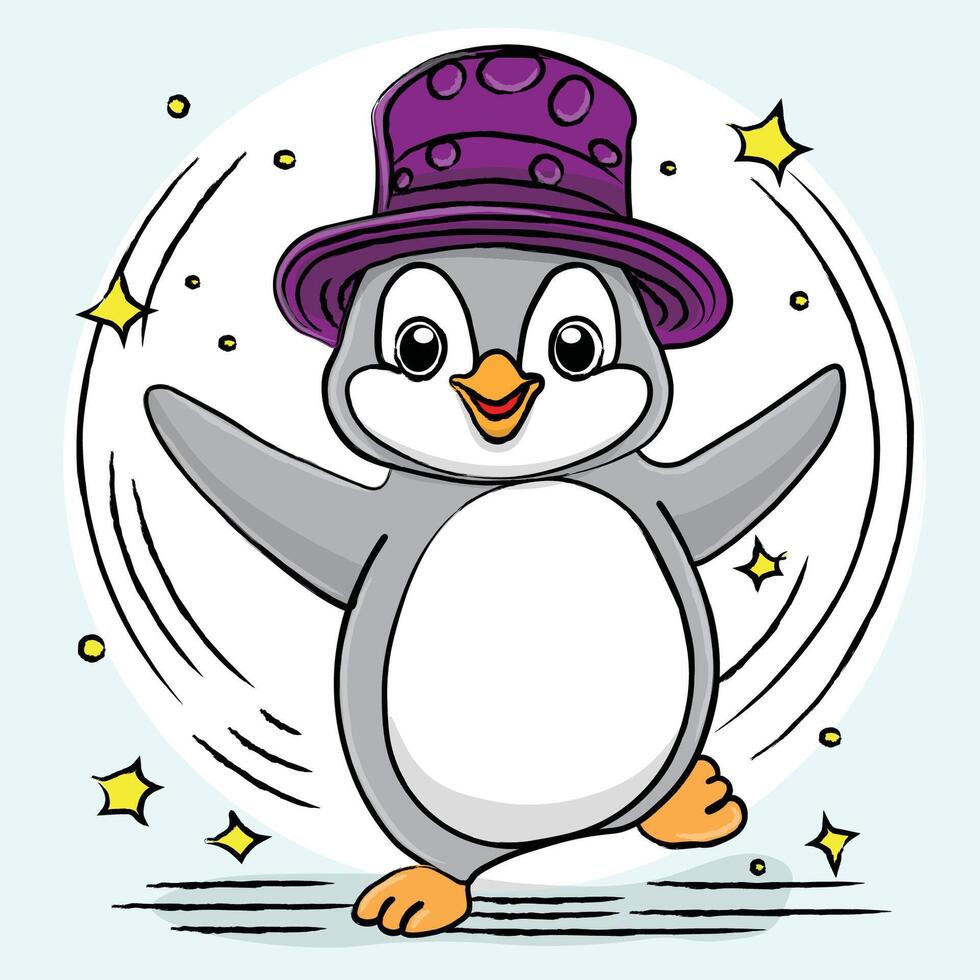 Cartoon character Penguin in a hat dancing vector