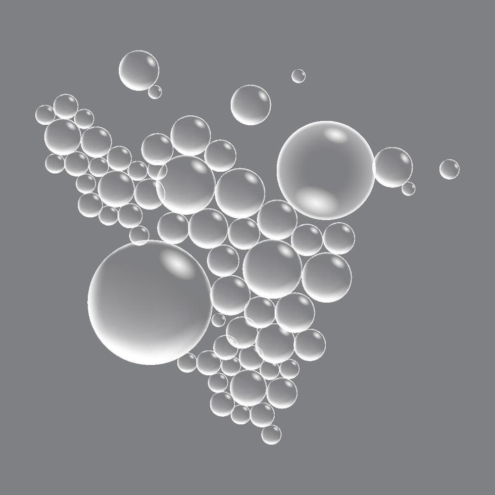 Soap bubbles, displaying unique designs, gracefully float on a plain gray surface vector