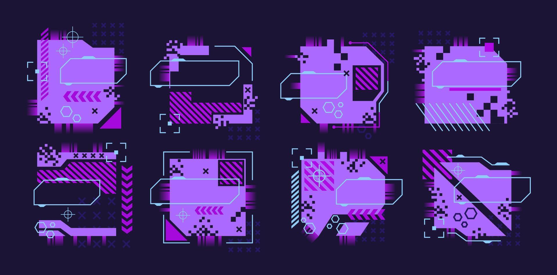 Glitch tech banner, futuristic cybernetic circuit board concept featuring a purple palette vector
