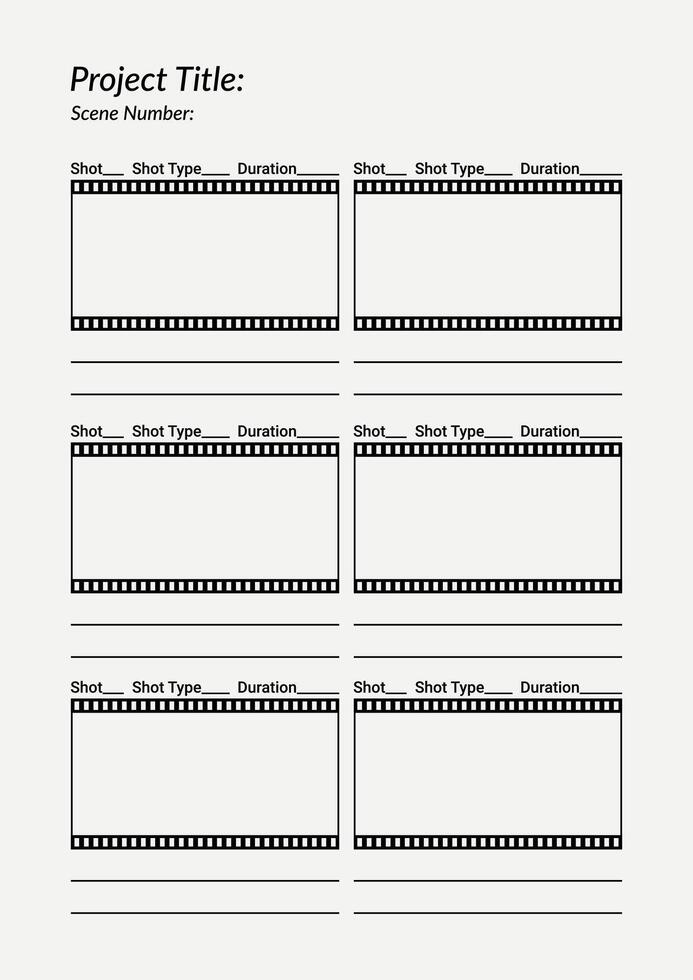 Professional film storyboard template. Perfect for Filmmakers, Designers and Animators. Movie storyboard layout, ideal for scene planning. A4 size template for filmmakers and designers vector