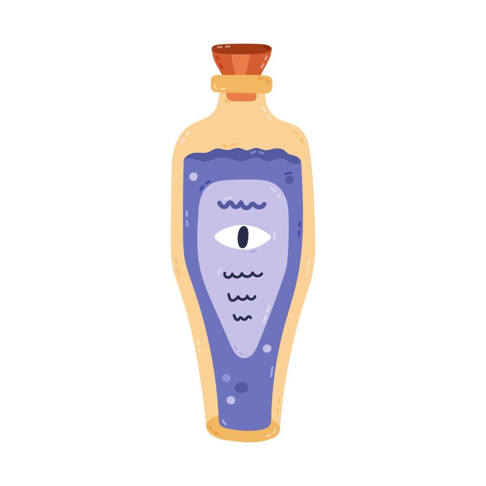 Lovely cartoon magic potion with purple liquid, all seeing eye on label, elegant lid. Hand drawn witchcraft or alchemy elixir in glass vial, jar. Cute mystery and esoteric sign isolated on background. vector