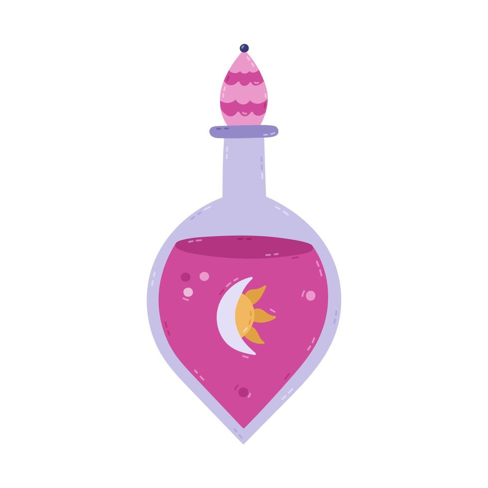 Lovely cartoon magic potion in round glass vial with esoteric symbol on label of moon and sun, pink liquid. Cute hand drawn elixir for magical transformation, wizard spell, mystery ritual isolated. vector