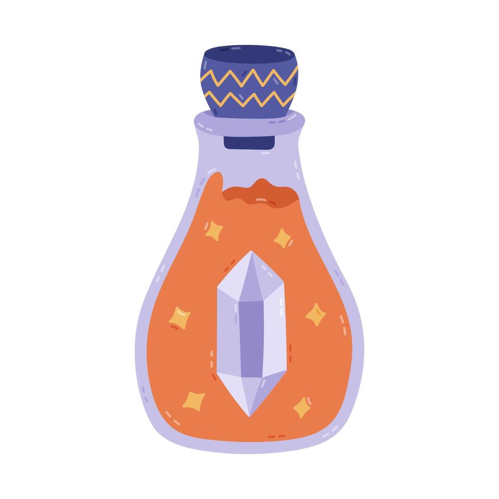 Lovely cartoon magic potion in glass vial with gem crystal on label and orange liquid. Hand drawn magical esoteric elixir. Fantasy flask clipart as sign wizard, Halloween, mystery isolated on white. vector
