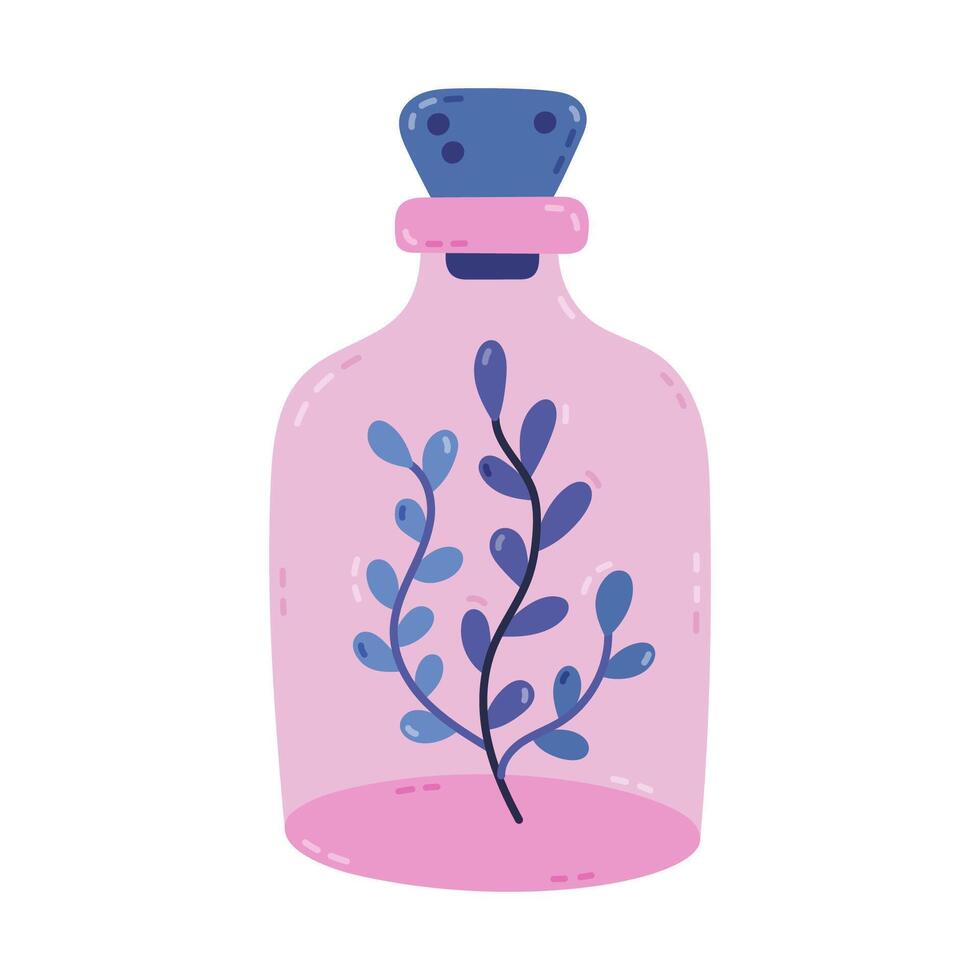 Lovely cartoon glass vial with cork and herb leaves inside it. Hand drawn magical leaf in bottle for wizard, esoteric, mystical experiment. Cute mystery and Halloween clipart isolated on white. vector