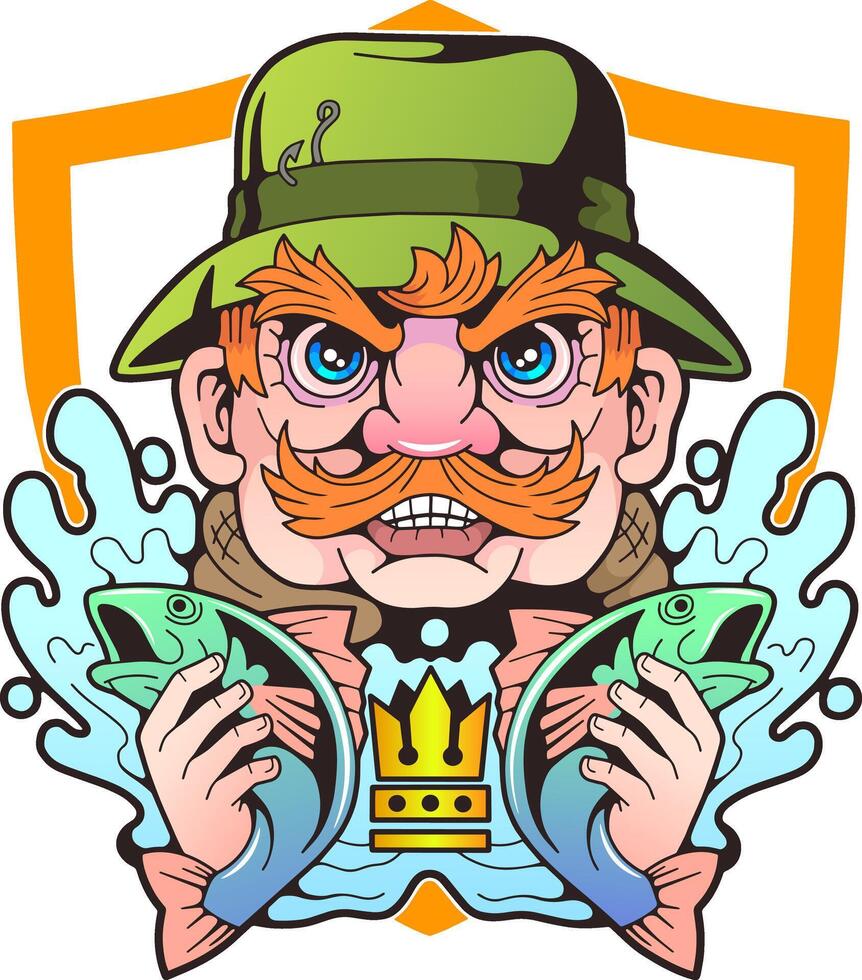 funny fisherman with fish, illustration design vector