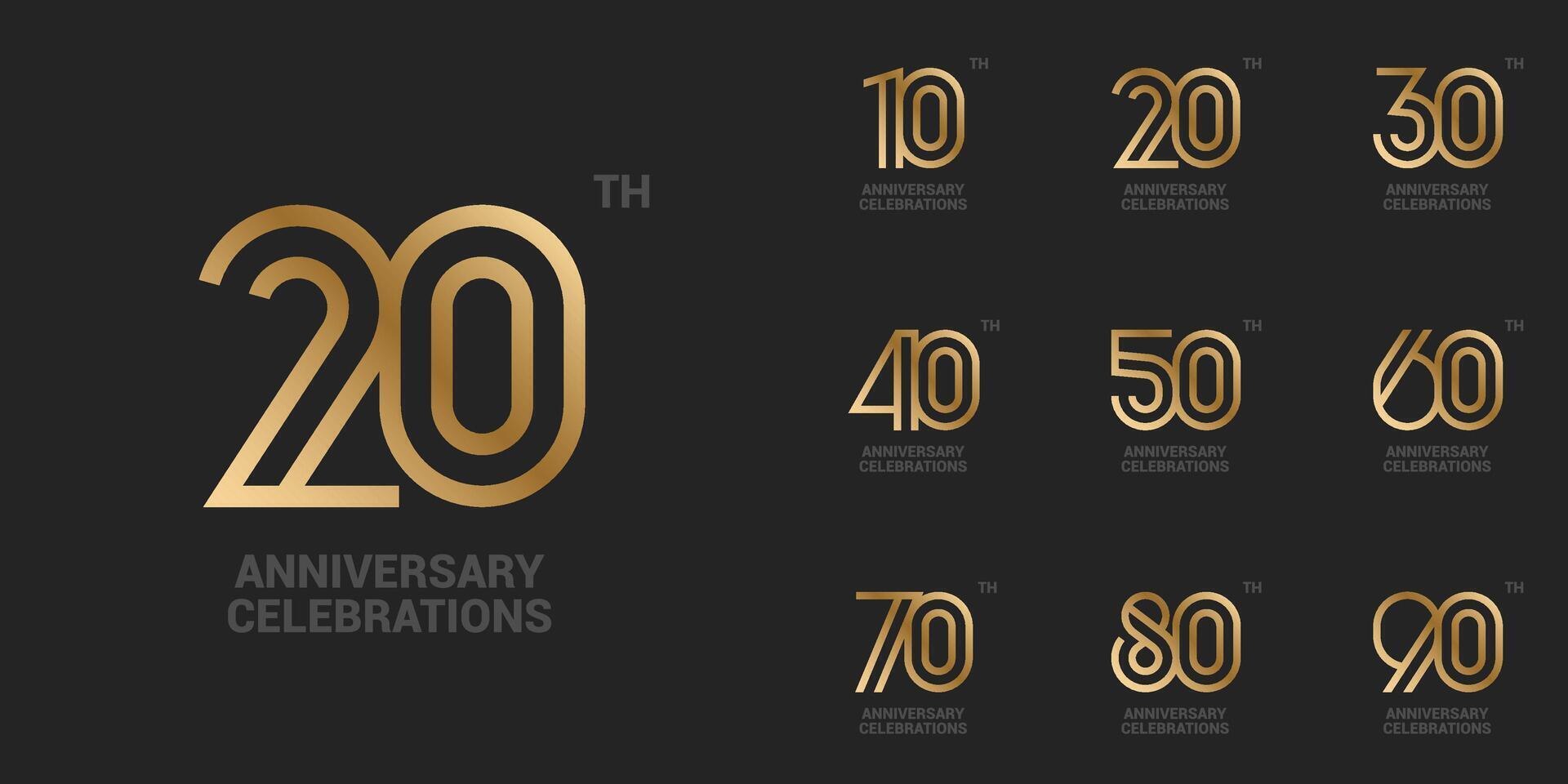 Set of anniversary logo design. Symbols of celebration 10, 20, 30, 40, 50, 60, 70, 80, 90 years. Numbers on a black background. vector