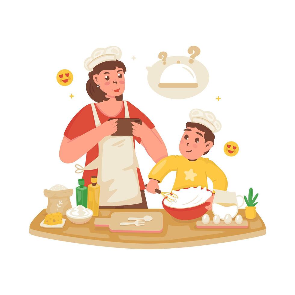 Mother and son in process of making cake dough illustration vector