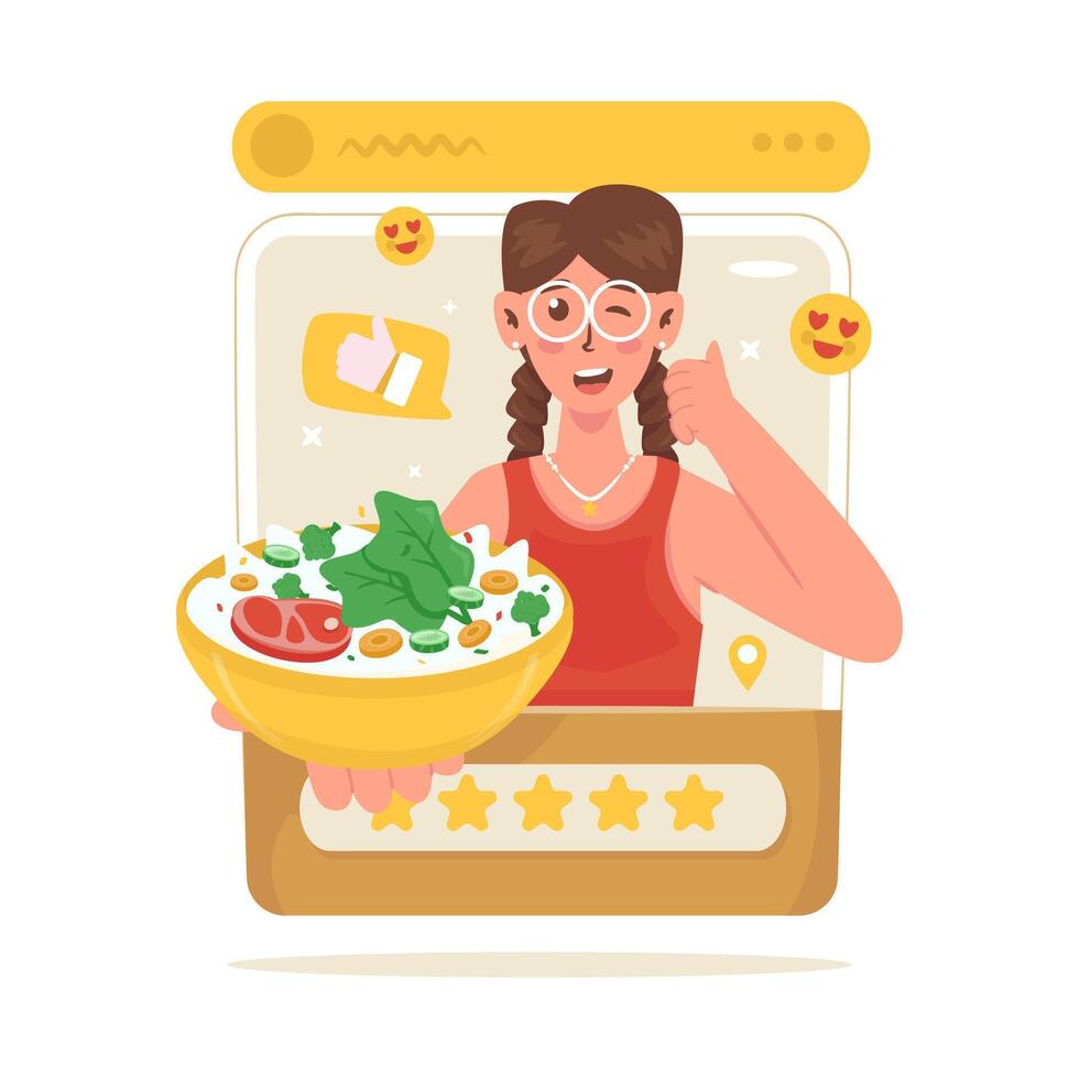 A girl character sharing food review on social media post illustration vector