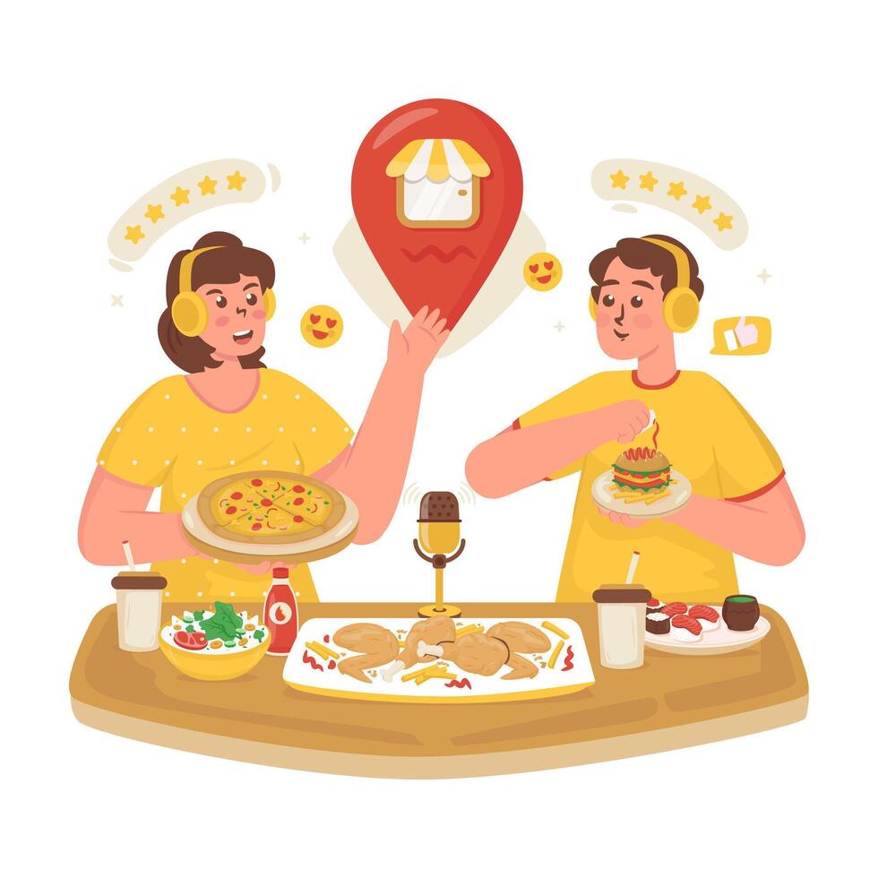 Collaboration of food bloggers reviewing food on podcast illustration vector