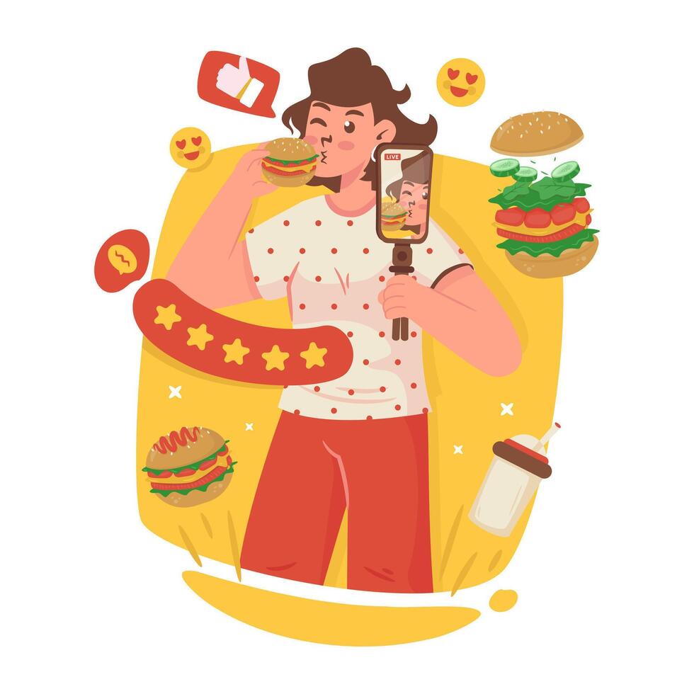 A girl character taking selfie with eating burger cartoon illustration vector