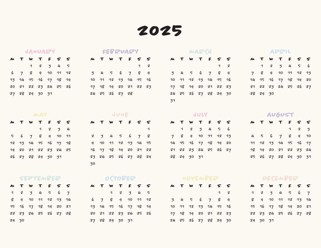 2025 Printable Yearly Calendar Colorful vector