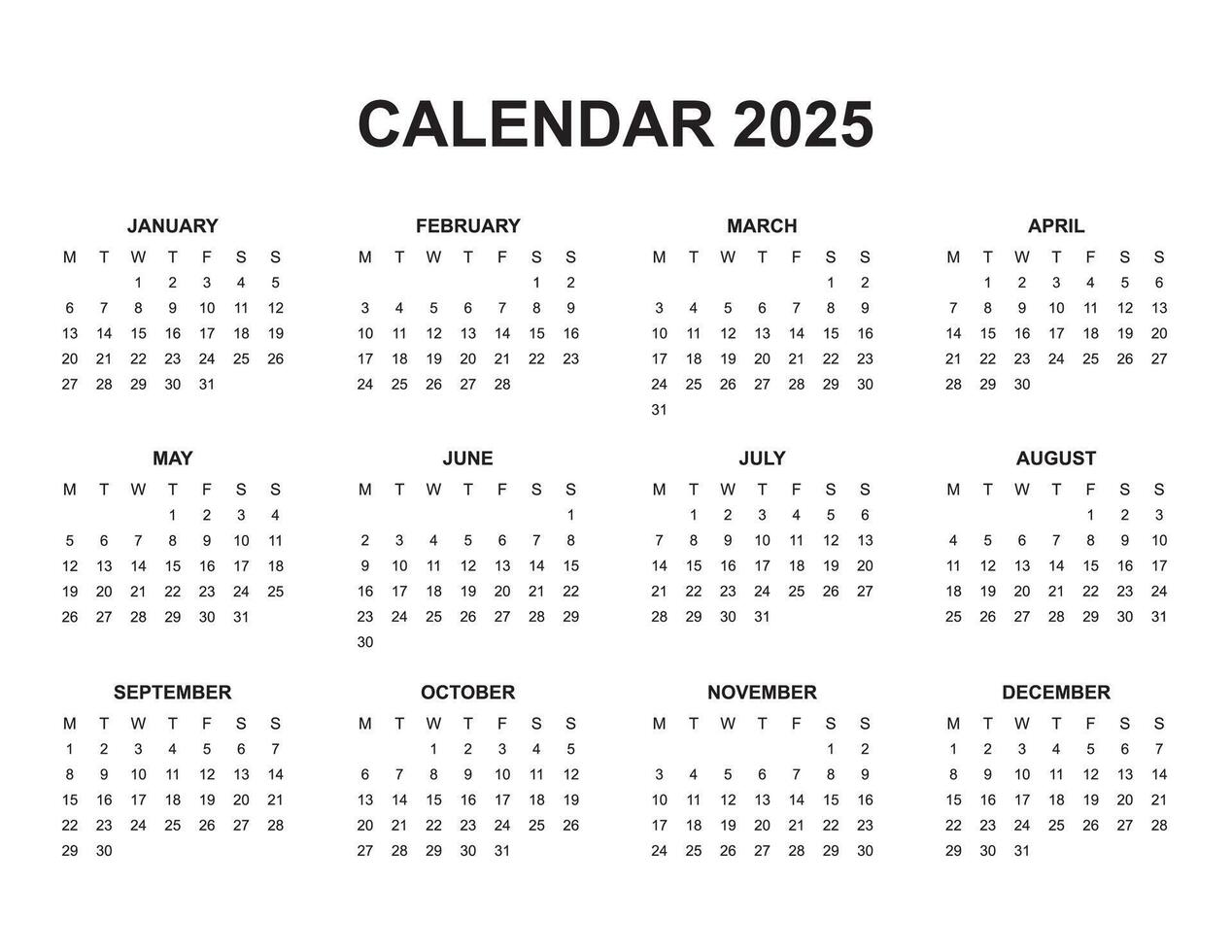 2025 Monthly Calendar for all the years vector