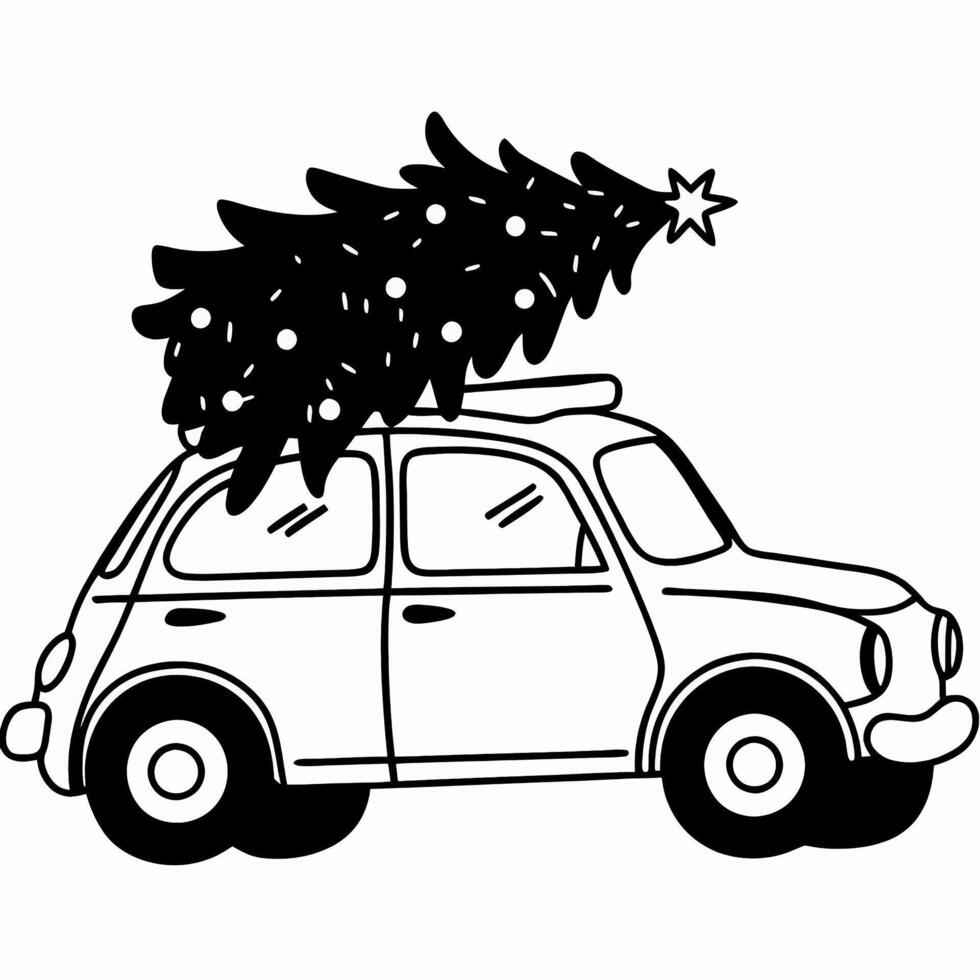 Christmas tree on the roof of a car. Black and white vector