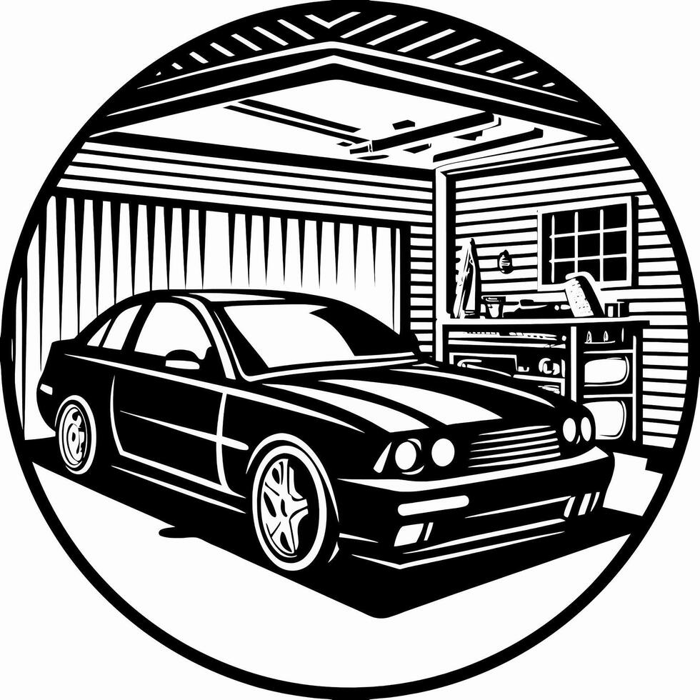 Car in garage. illustration ready for vinyl cutting on white background. vector