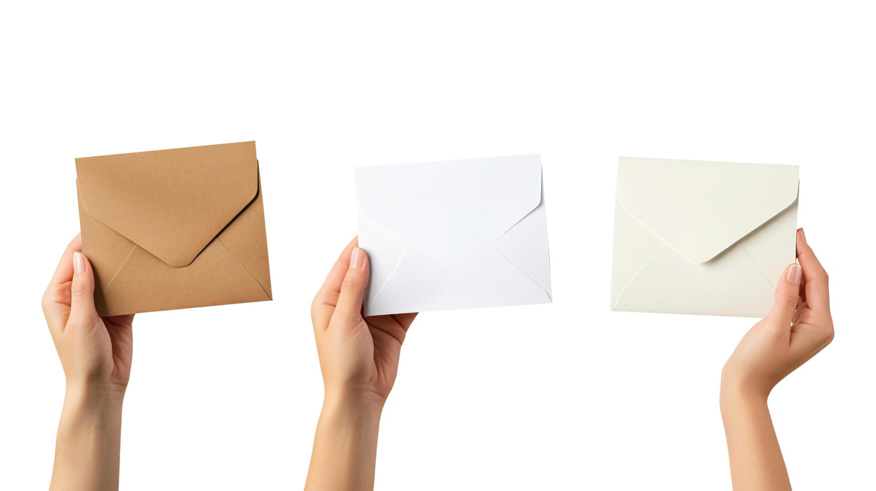 Set of hand holding closed envelope opening mail paper isolated on white background photo