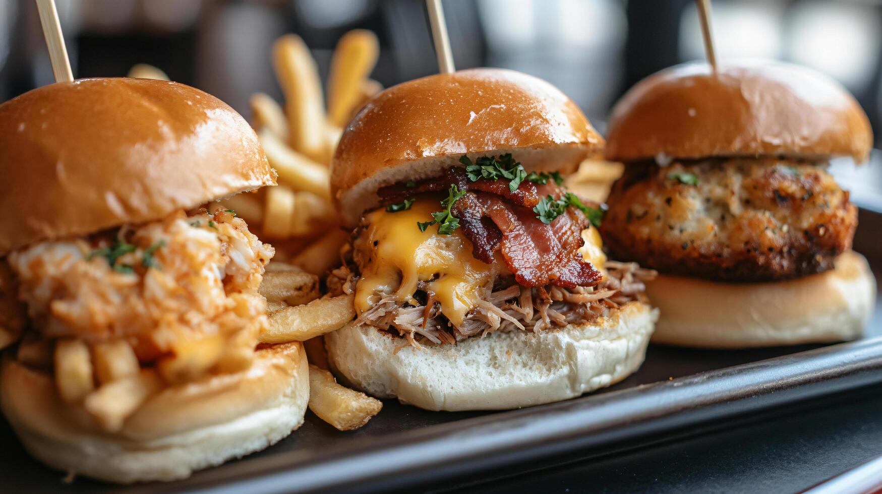 Three delicious cheeseburger sliders topped with bacon and cheese fast food copy space background photo