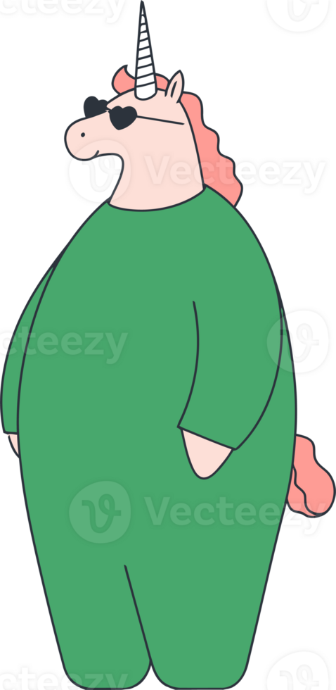 Cool Cartoon Unicorn Wearing Sunglasses and Green Jumpsuit Illustration png