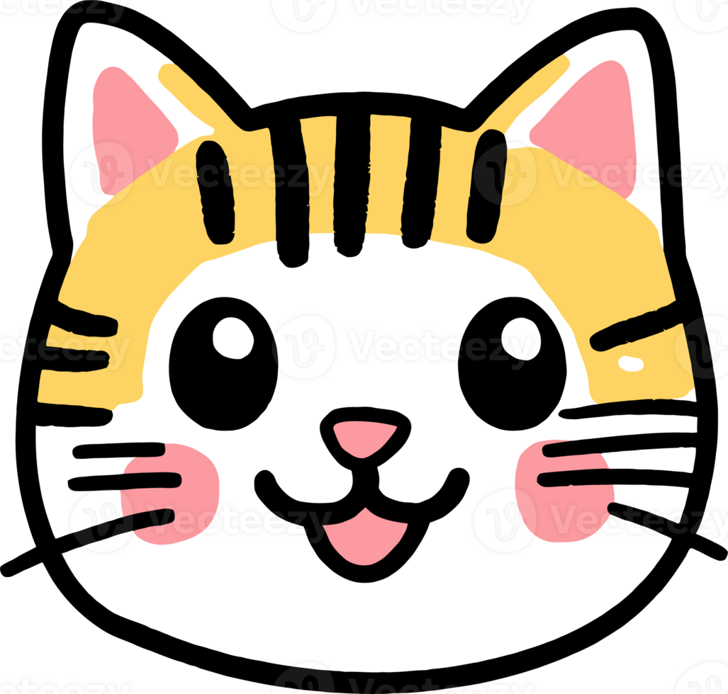 Adorable Cartoon Cat Face with Yellow Ears and Pink Cheeks png