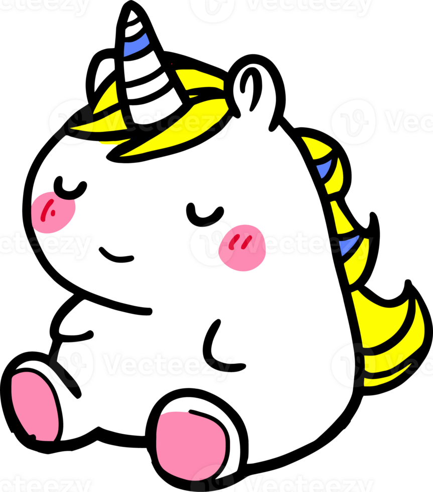 Adorable Cartoon Unicorn Character Sitting with Closed Eyes and Blushing Cheeks png