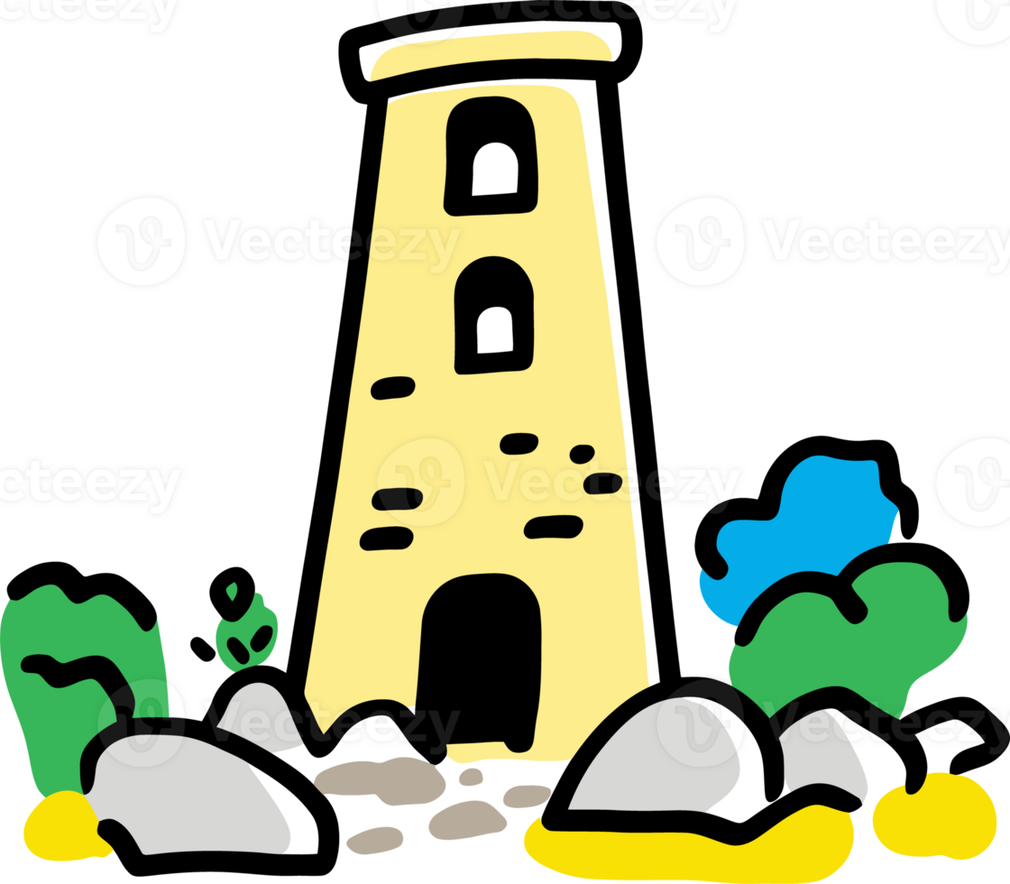 Old Stone Tower Amidst Rocks and Greenery - Simple Cartoon Illustration png