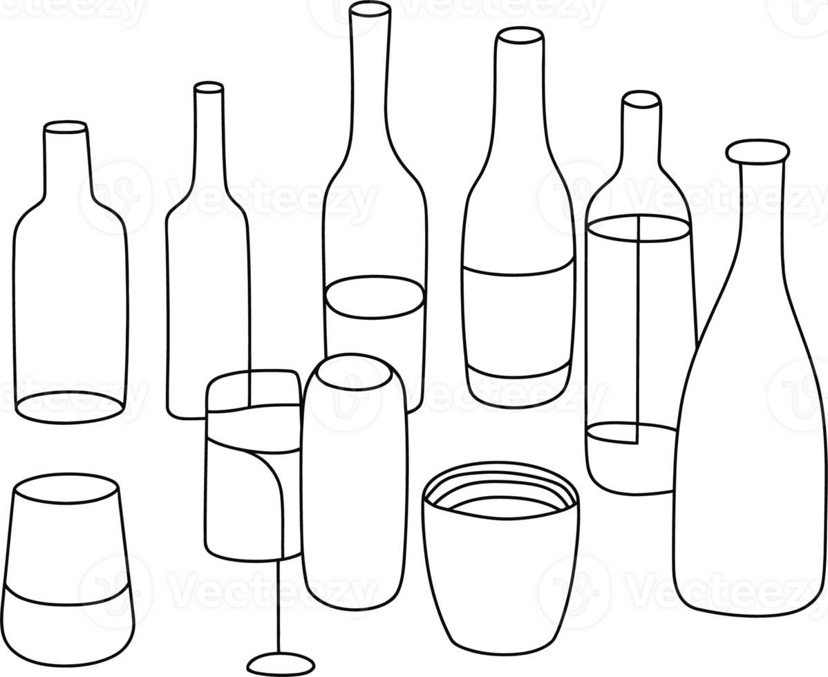 Minimalist Outline Bottles and Glasses Collection - Modern Line Art Design for Beverage Themes png