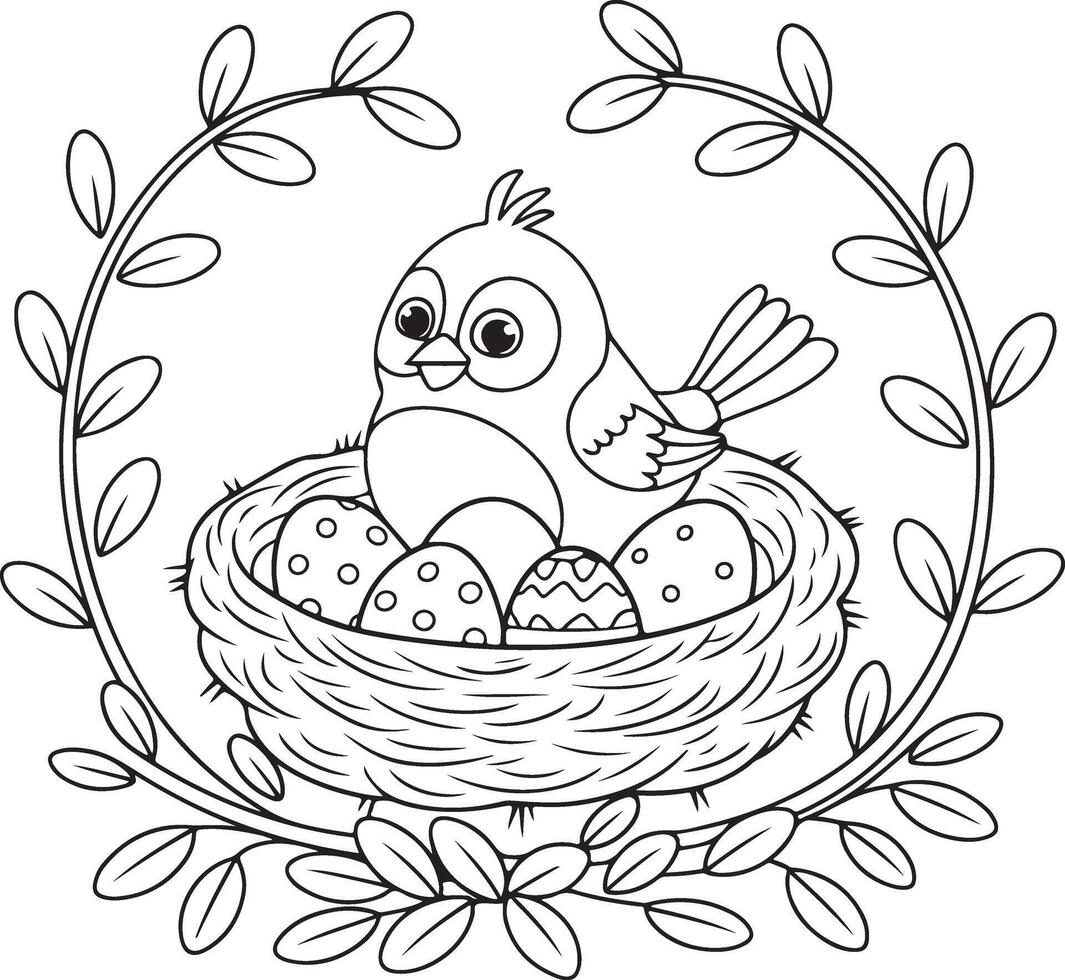 A coloring page of a small bird sitting in a nest vector