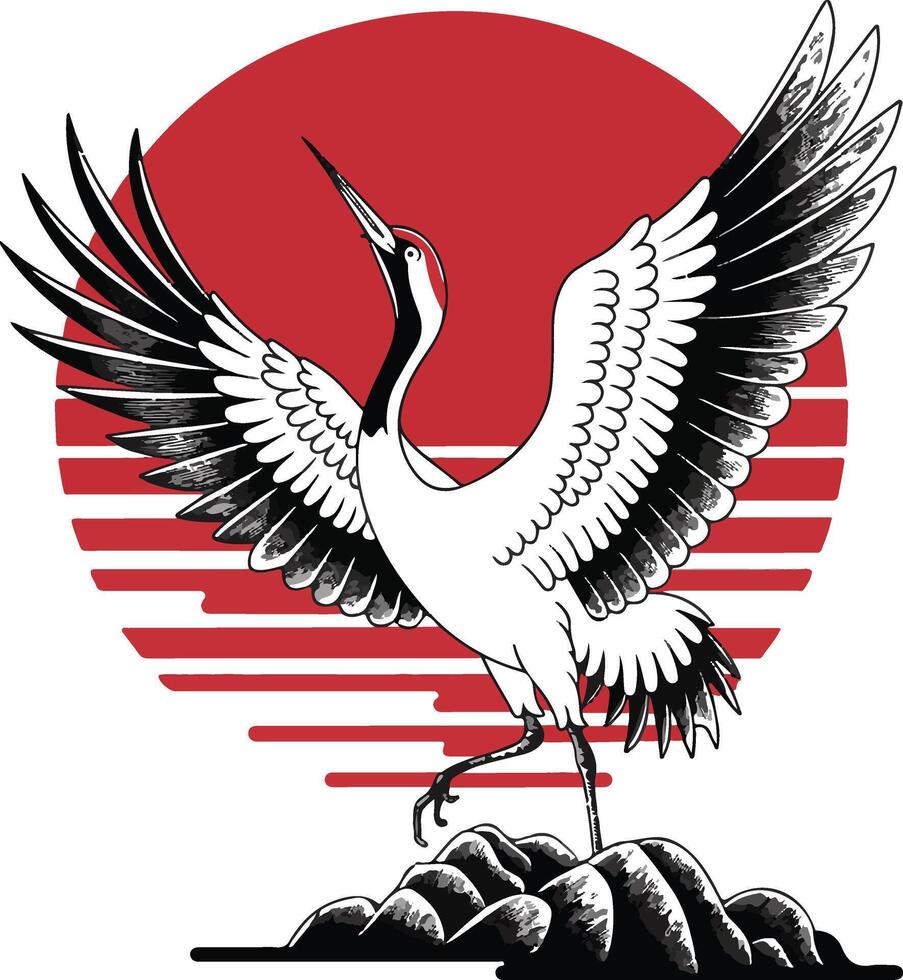 A black and red tattoo design of a crane vector