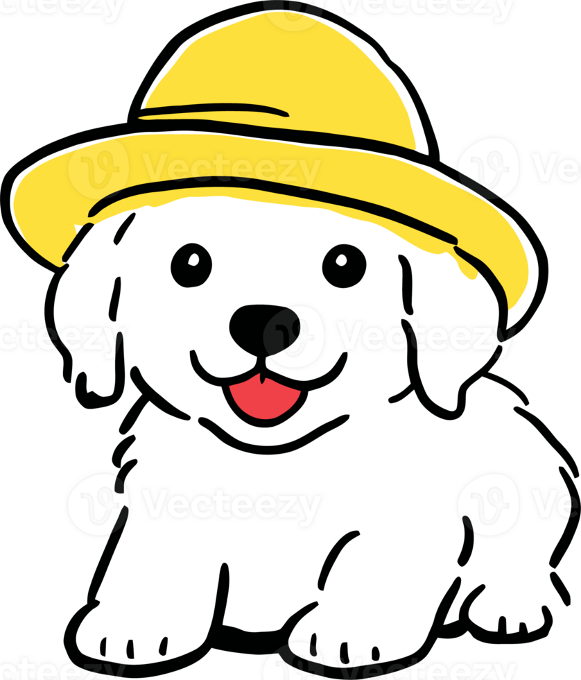 Cute White Puppy Wearing a Yellow Hat Drawing Adorable Cartoon Dog Illustration png