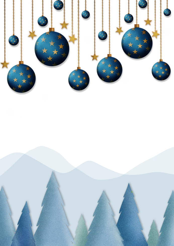 A christmas background with blue balls hanging from the trees png