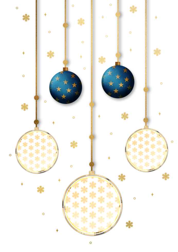 Three hanging ornaments with gold and blue decorations png