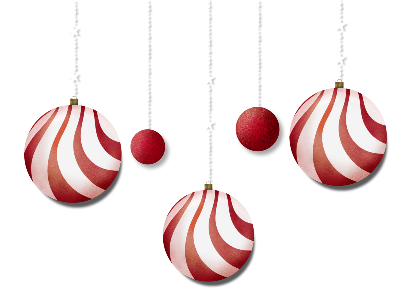 Three red and white christmas balls hanging from strings png