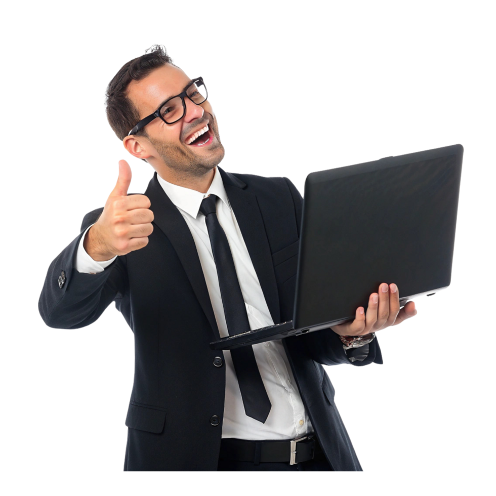 Businessman Smiling with Laptop and Giving a Thumbs Up png