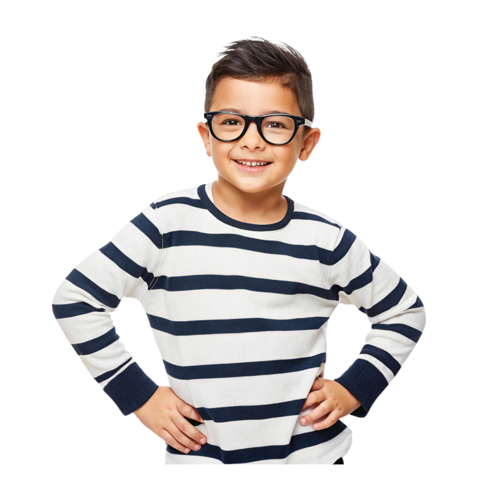 Happy Kid Wearing Glasses and a Striped Shirt in a Cheerful Pose png