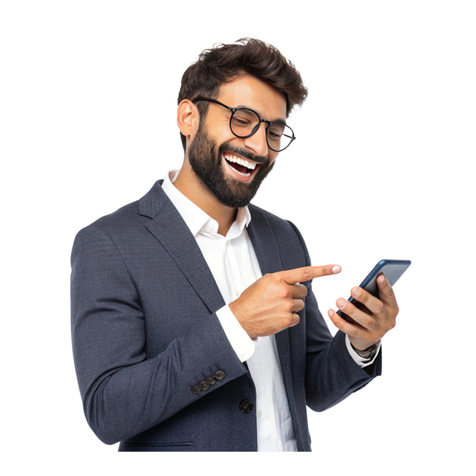 Businessman Smiling Confidently with a Phone in Hand png