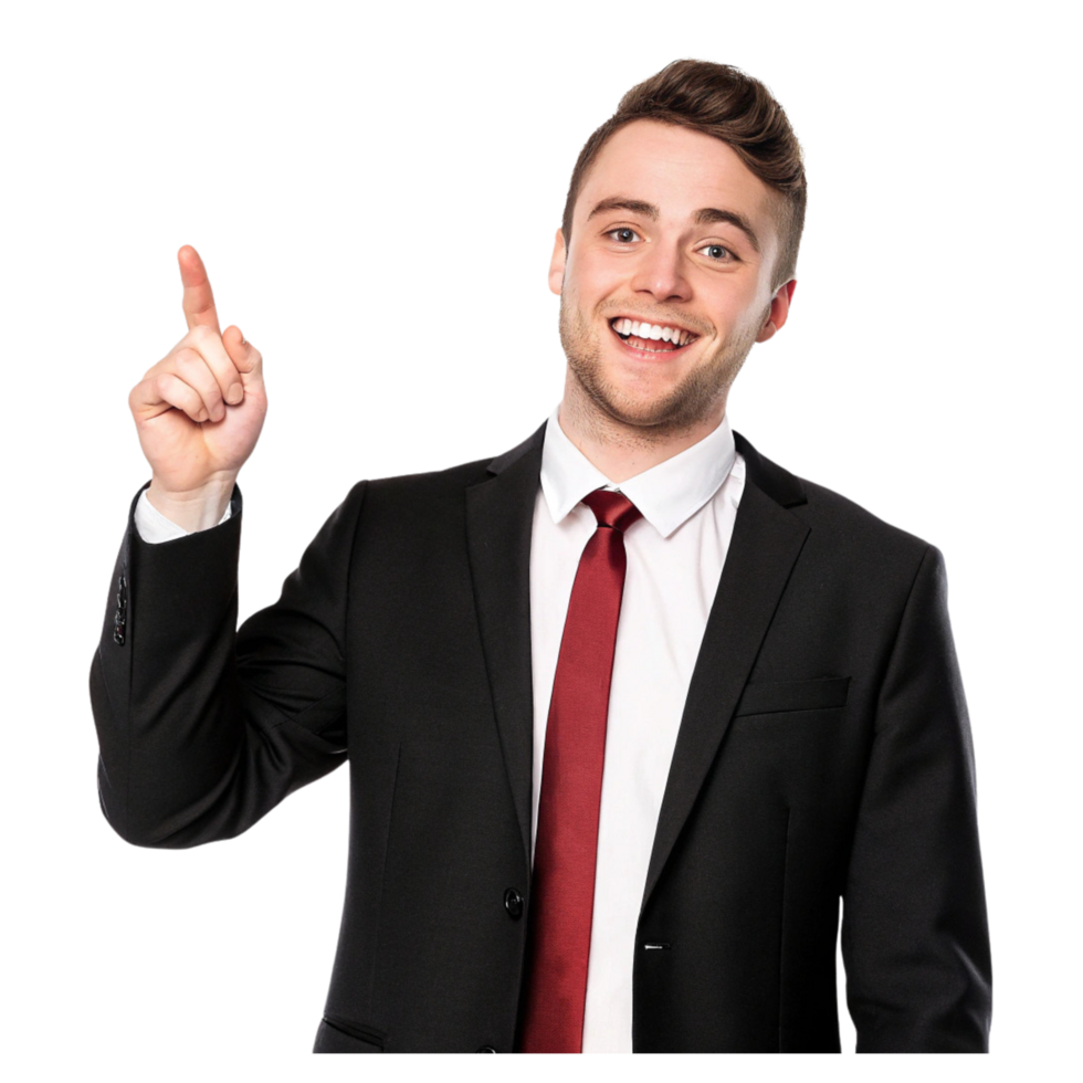 Happy Businessman in Formal Wear Pointing At Something with a Positive Attitude png