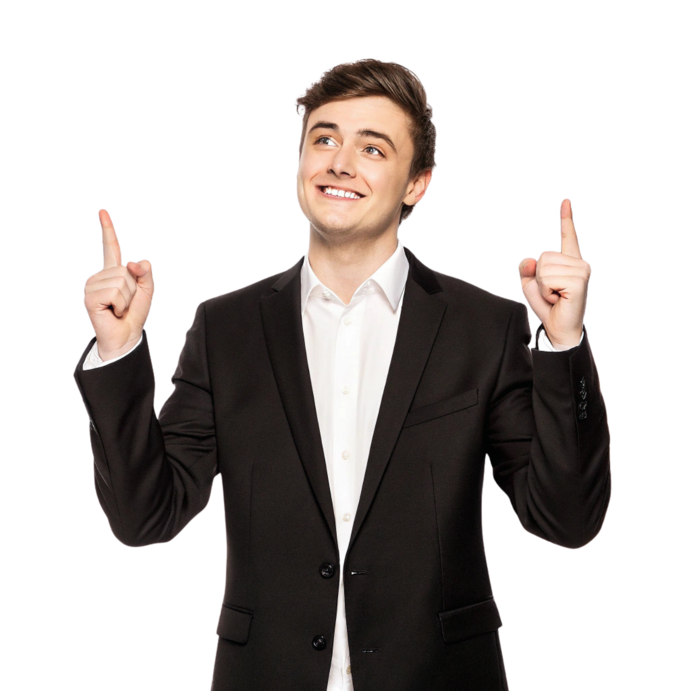 Confident Professional Young Businessman Pointing Up with Both Hands png