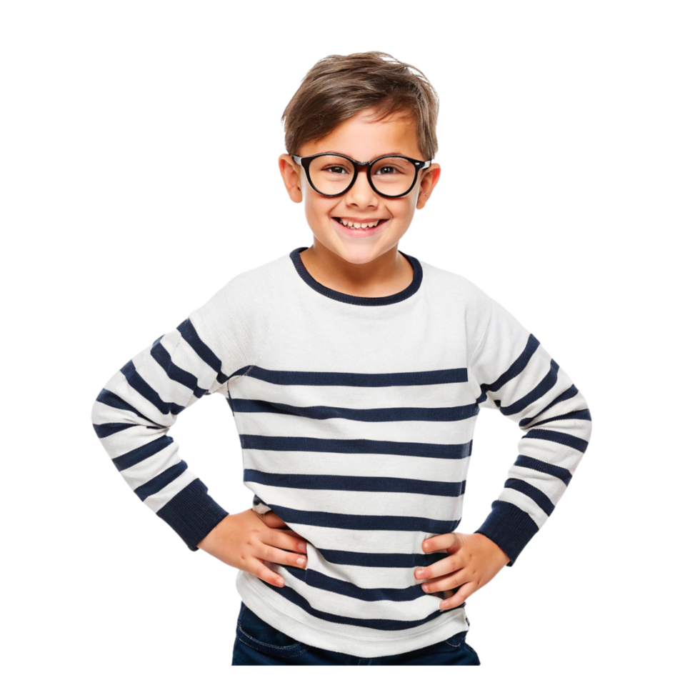 Boy Wearing Glasses and a Trendy Striped Outfit png