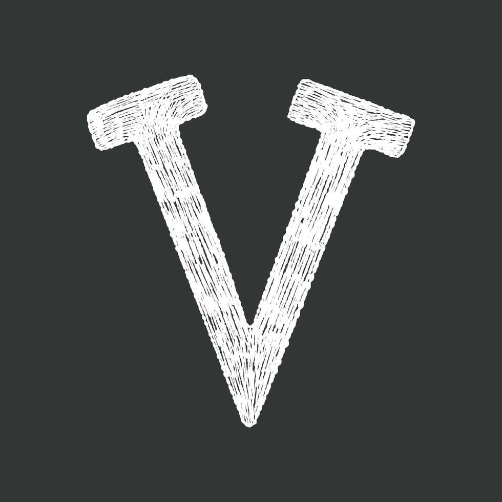 Black and white hand-drawn chalk textured alphabetical uppercase letter V ideal for school creative lettering design projects. vector
