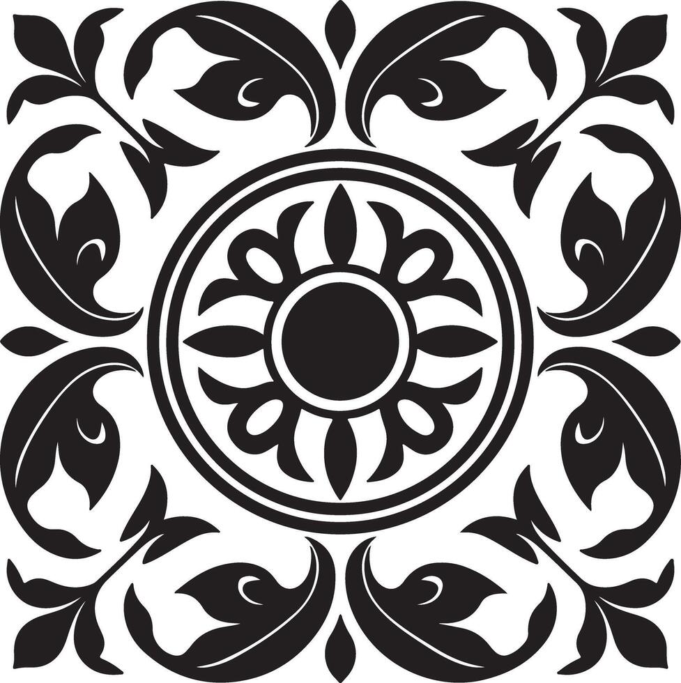 Bold Black Symmetrical Pattern with Concentric Rings and Organic Floral Swirls vector