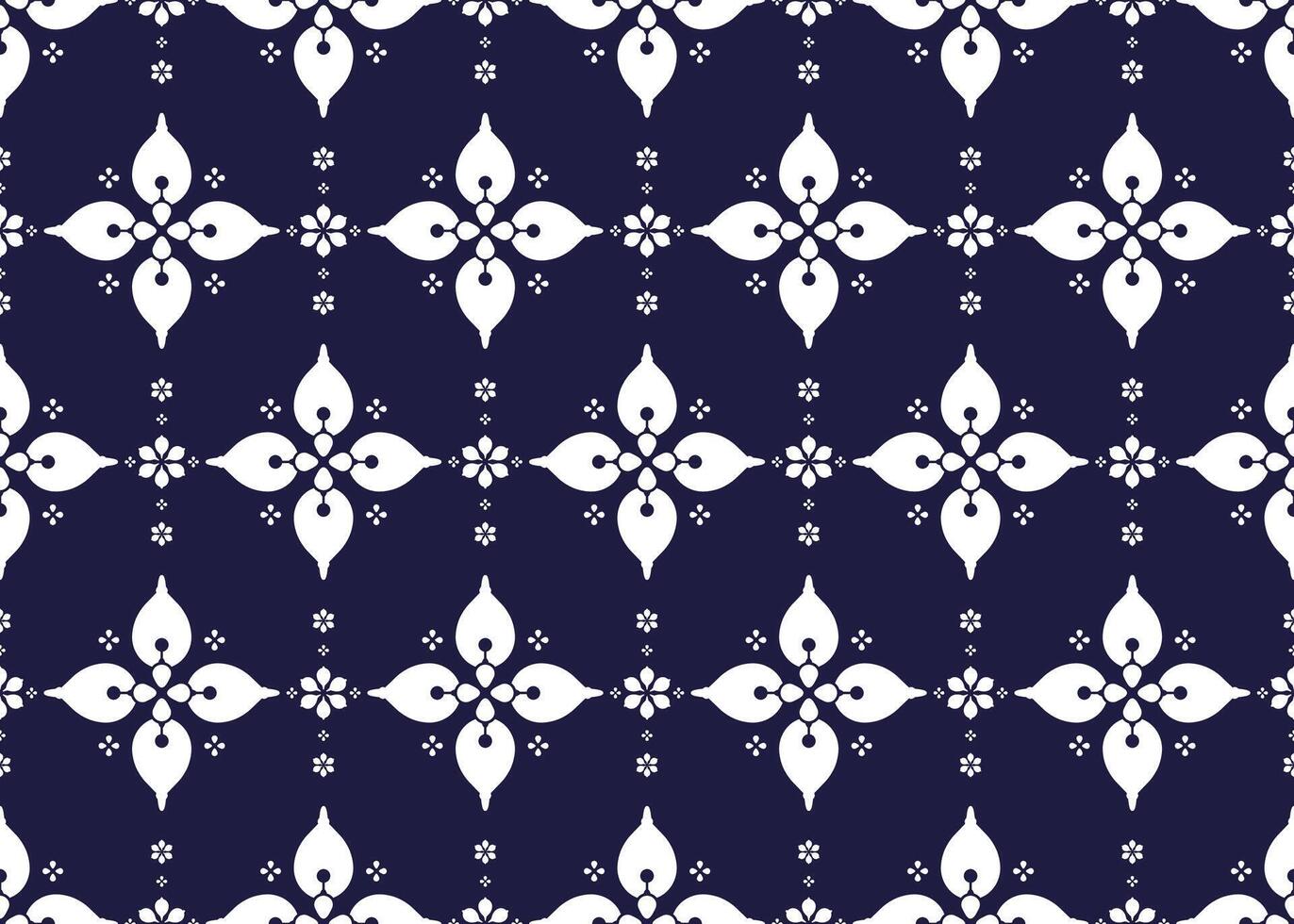 White symbol floral on dark blue background, ethnic fabric seamless pattern, design for cloth, carpet, batik, wallpaper, wrapping etc. vector