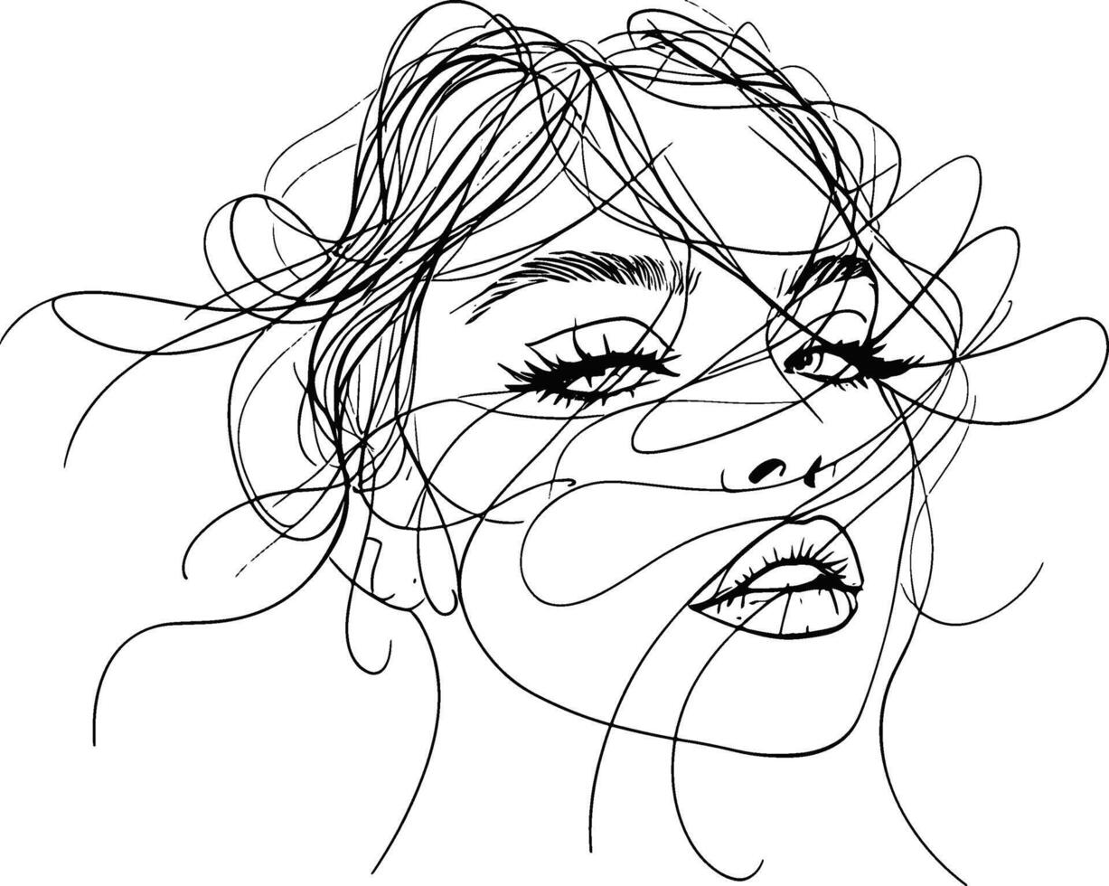 A line drawing of a woman's face with hair blowing in the wind vector