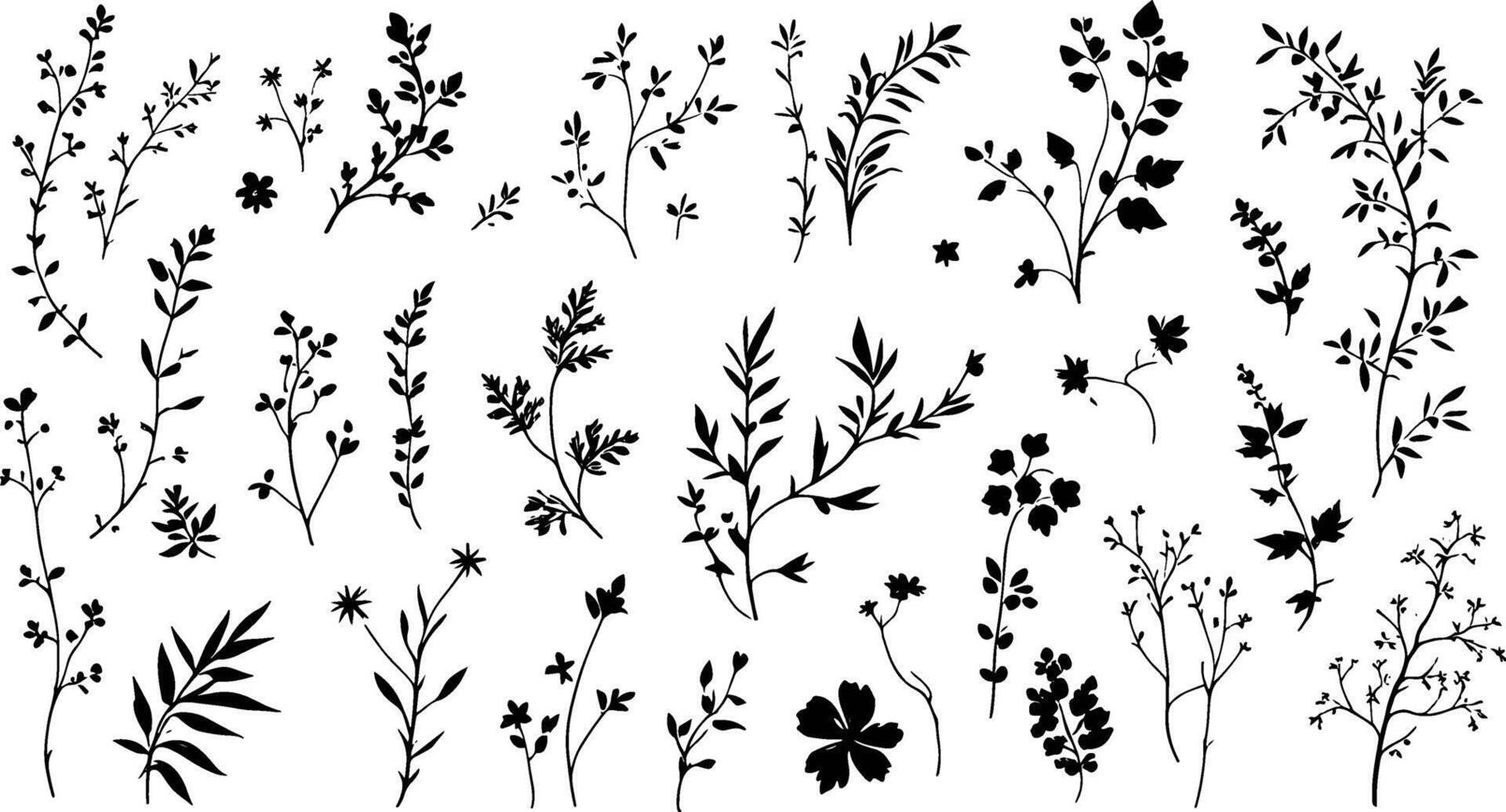 A set of black and white silhouettes of plants vector