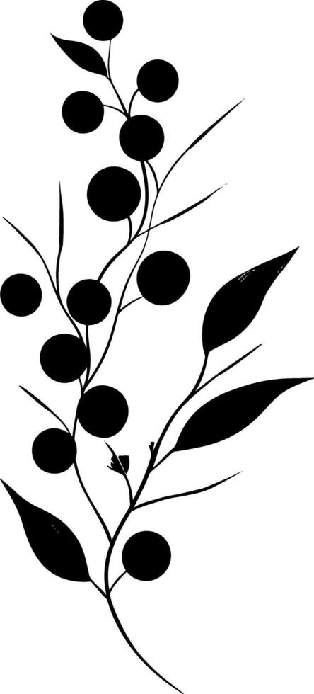 A black and white drawing of a branch with leaves vector
