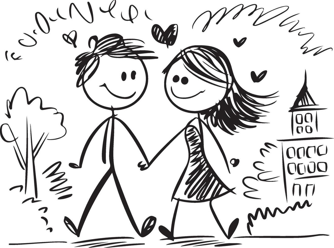 A drawing of a couple walking hand drawn vector
